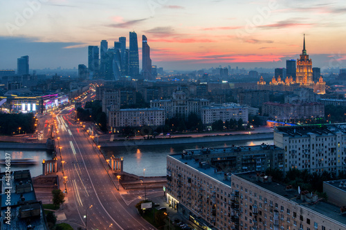 Evening view at Moscow City business center and Ukraine hotel skyscraper