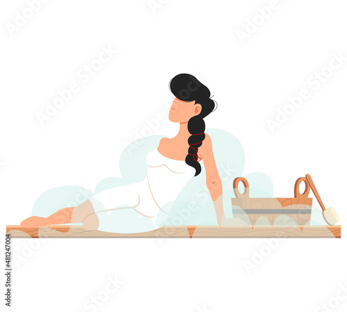 Woman sitting and relaxing in sauna isolated on white. Bathhouse or banya. Wellness spa procedures. Female character in hot steam bath resting alone. Girl takes care of health, enjoys in steam-room