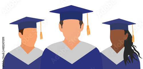 Graduates in mantles and graduation caps stand behind each other. Graduation ceremony. Vector illustration