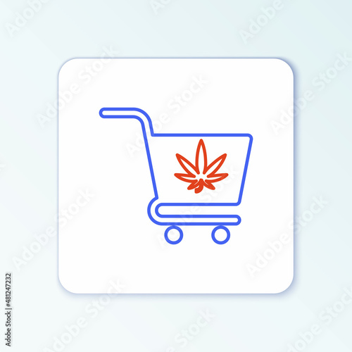 Line Shopping cart with marijuana or cannabis leaf icon isolated on white background. Online buying. Delivery service. Supermarket basket. Colorful outline concept. Vector