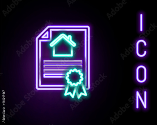 Glowing neon line House contract icon isolated on black background. Contract creation service, document formation, application form composition. Colorful outline concept. Vector