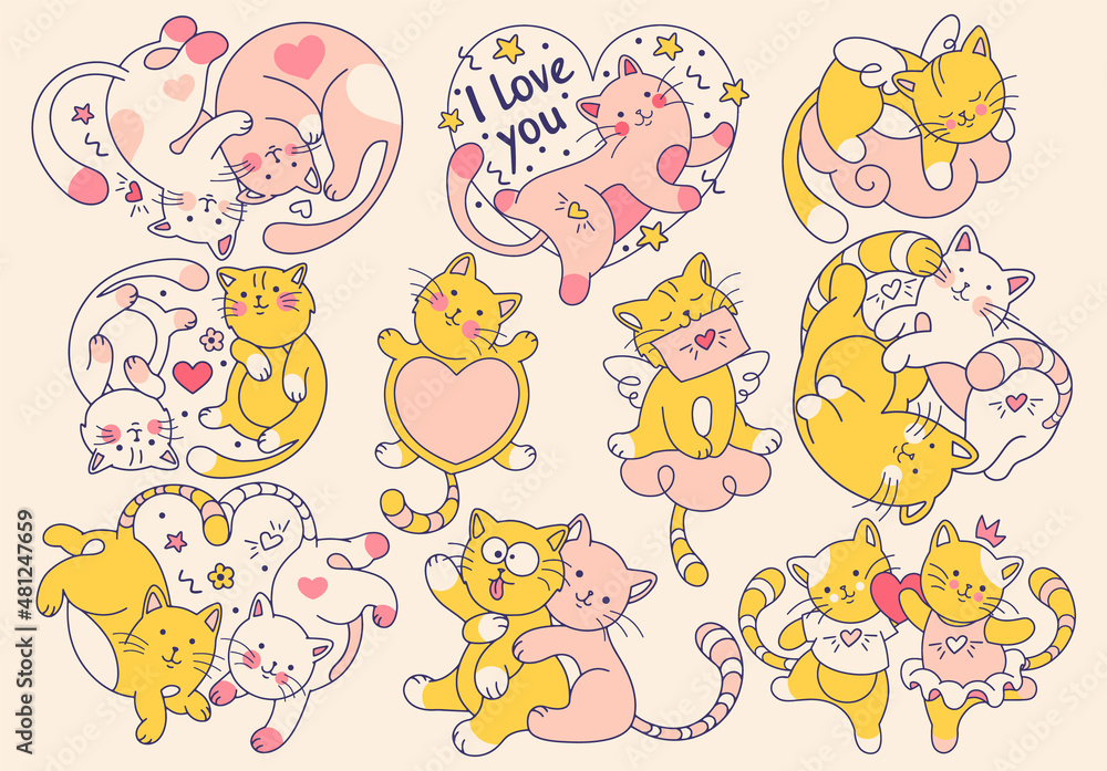 Doodle cartoon feline set. Cute Vector illustration of of love, couple of cats, heart, valentine. Character stickers with cat on Valentine's day, February 14. Doodle cartoon feline set. Cute Vector illustration of of love, couple of cats, heart, valentine. Character stickers with cat on Valentine's day, February 14.