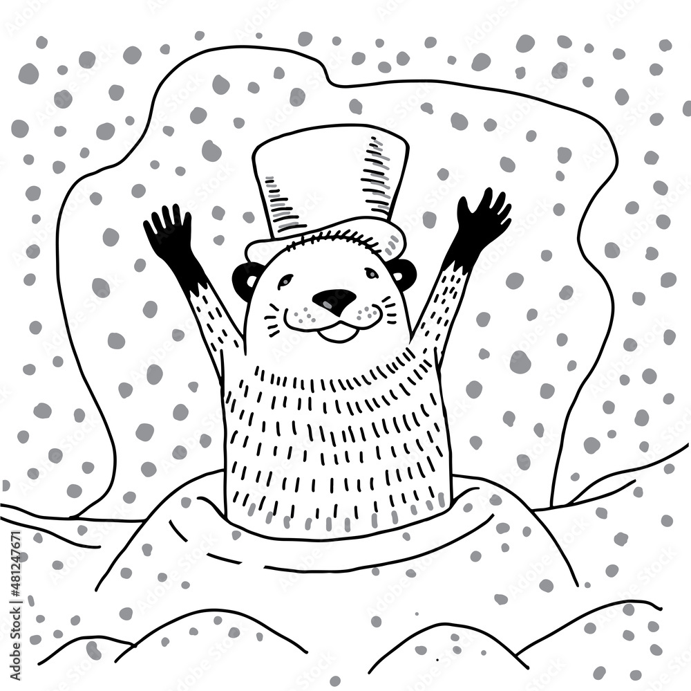 Happy groundhog day card. Flat, vector, doodle, hand drawn sketch