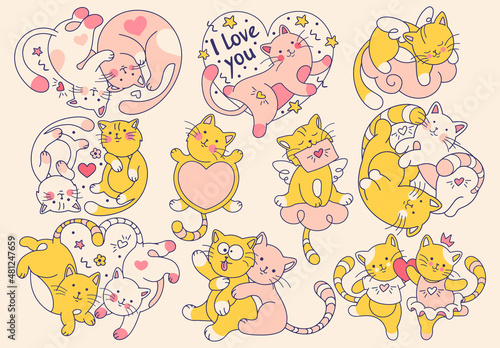 Doodle cartoon feline set. Cute Vector illustration of of love, couple of cats, heart, valentine. Character stickers with cat on Valentine's day, February 14. 