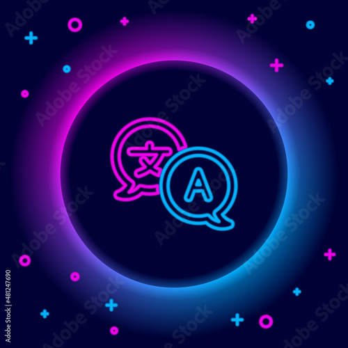 Glowing neon line Translator icon isolated on black background. Foreign language conversation icons in chat speech bubble. Translating concept. Colorful outline concept. Vector