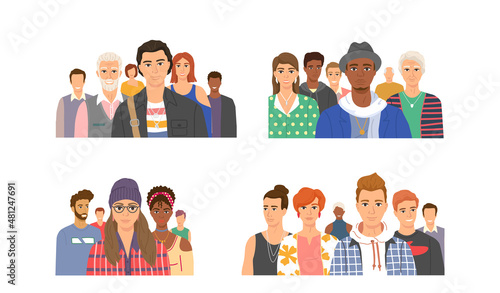 Multiethnic group of people standing together community and togetherness concept, diversity portrait. Characters men and women isolated on white. Crowd community. Social diversity friends or relatives