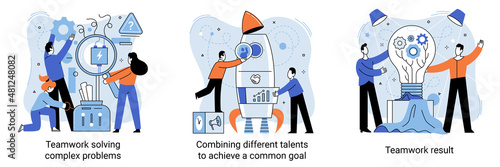Teamwork solving complex problems, combining different talents to achieve common goal. Effective business solution strategy and complex task cooperation as successful performance process metaphor