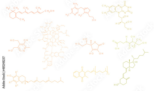 Set of vitamins molecular formula and structure vector illustration on white background