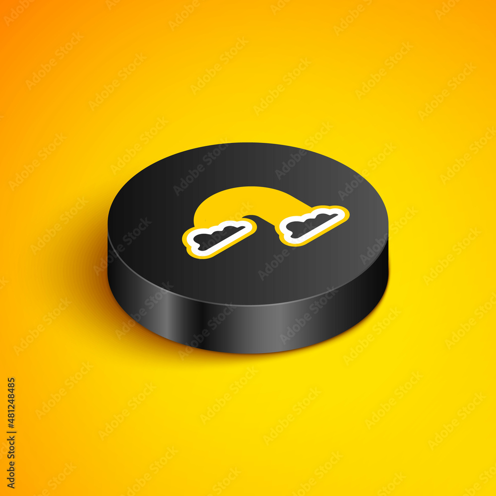 Isometric line Rainbow with clouds icon isolated on yellow background. Black circle button. Vector Isometric line Rainbow with clouds icon isolated on yellow background. Black circle button. Vector
