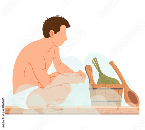 Man sitting and relaxing in sauna isolated on white. Bathhouse or banya. Enjoying wellness spa procedures. Male character in hot steam bath resting alone. Person looks at bath accessories and broom