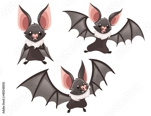 Cartoon bat. Cute vampire bat, flying mammal. Flat vector illustration isolated on white background. Cartoon character design. Happy bat dancing