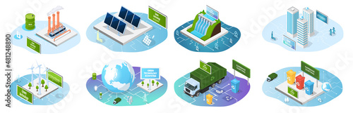 Set of illustrations about eco friendly technologies. Environmentally safe power sources. Renewable energy, ecosystem preservation, waste recycling. Distribution of alternative electricity on planet