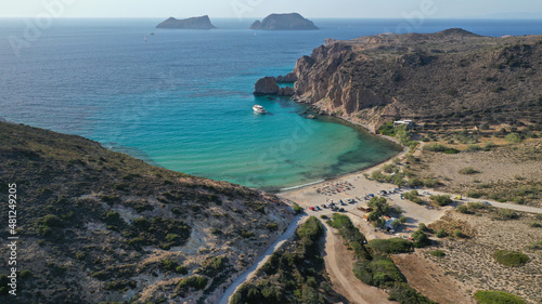 Aerial drone photo of beautiful emerald crystal clear beach and rocky bay of Plathiena, Milos island, Cyclades, Greece photo