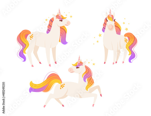 Set of magic mythical animal from fairy tale unicorn cartoon animal design flat vector illustration isolated on white background