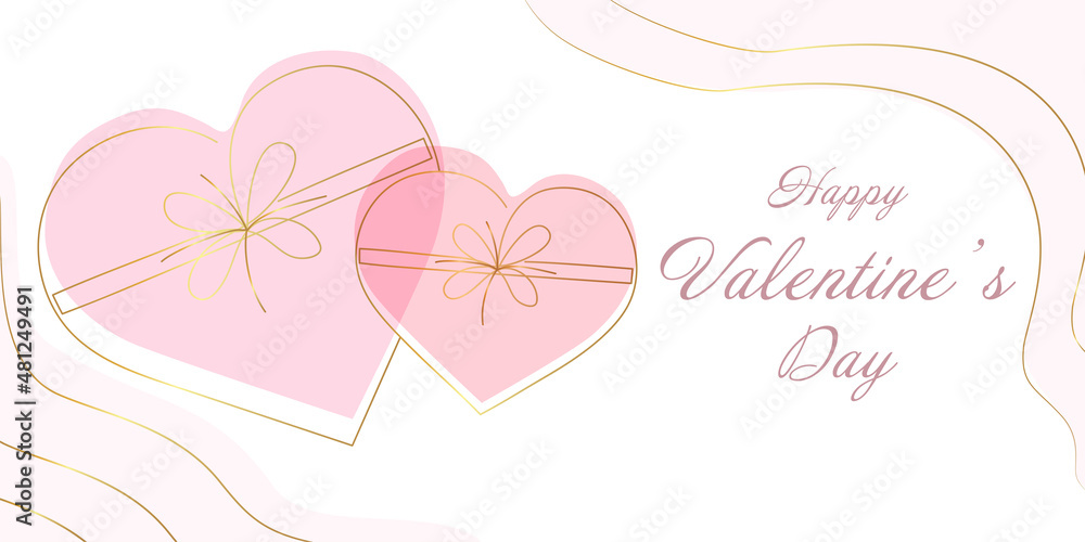 Happy Valentine's Day concept, greeting banner design. Golden gift boxes drawn by one line, pink decoration elements, text. Invitation card template. Festive vector illustration.