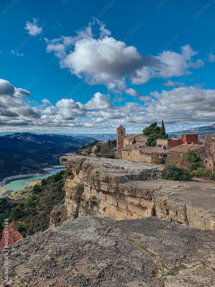 View of Santa Maria de Siurana Church, on the top of a peak. Siurana, Catalonia, Spain.