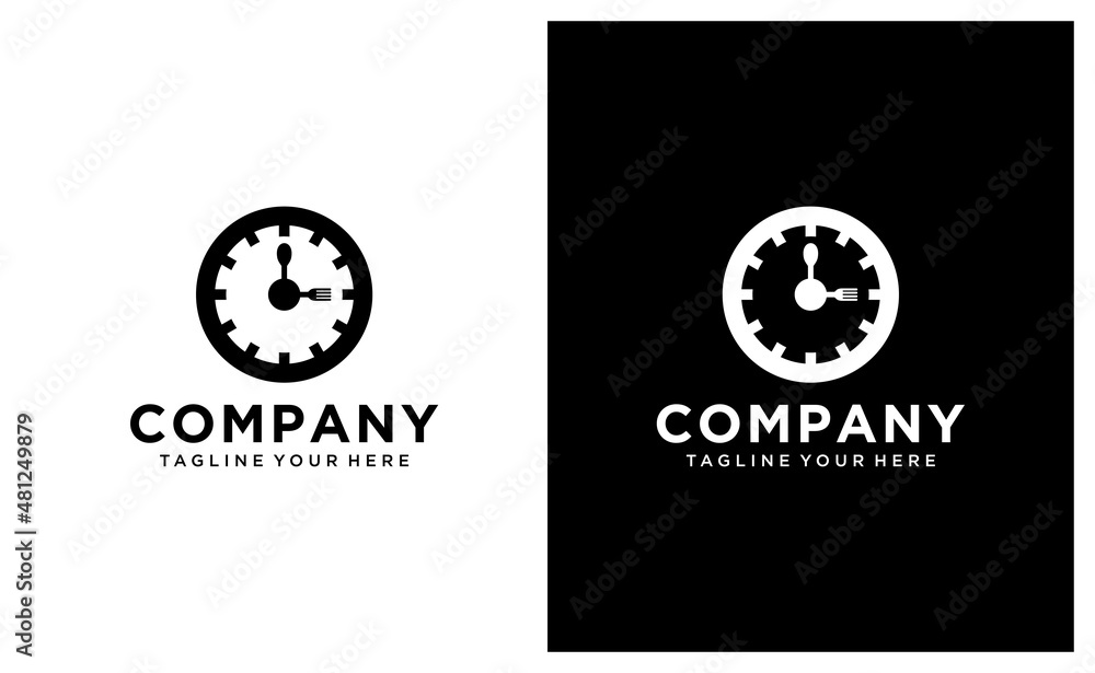 Creative restaurant round logo using compass direction and spoon, fork, north, south, east, west and a pattern for logo branding graphic design. on a black and white background.