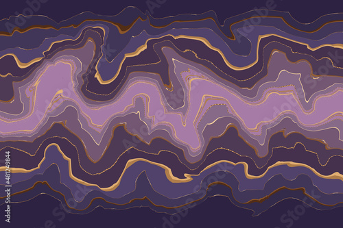 Stylized agate vector texture. Dynamic gold veins on blue very peri violet marble background. Marbling liquid drawing with scratch rock stratum surface. Inspired by nature's granite. No gradients.