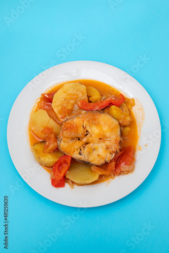 typical portuguese fish stew on white plate photo