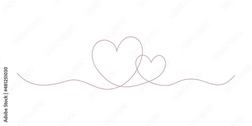 Fototapeta premium Two abstract silhouette hearts in pink color drawn by one line. Romantic sketch. Continuous line drawing love symbol. Decoration element for valentine, wedding, invitation card. Vector illustration.