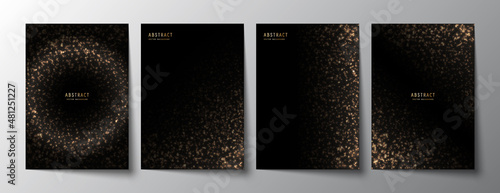 Vector shiny black luxury elegant backgrounds set with golden glitter, sparkles and a copy space. Premium brilliance decorative celebratory design templates of invitation, brochure, notebook or card