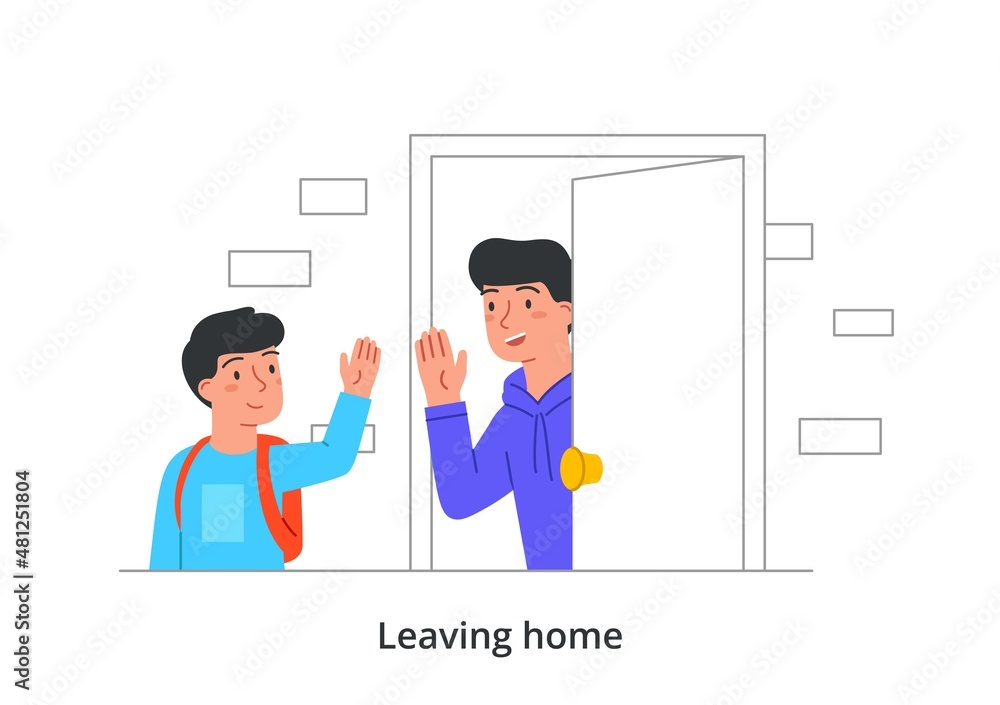 Leaving home concept. Young smiling man looks out of doorway and waves goodbye to his son. Boy with backpack leaves apartment and goes to school. Father see off child. Cartoon flat vector illustration Leaving home concept. Young smiling man looks out of doorway and waves goodbye to his son. Boy with backpack leaves apartment and goes to school. Father see off child. Cartoon flat vector illustration