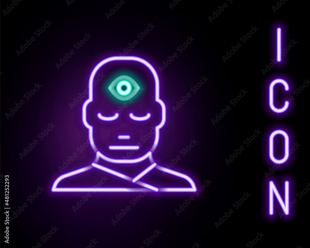 Glowing neon line Man with third eye icon isolated on black background. The concept of meditation, vision of energy, aura. Colorful outline concept. Vector Glowing neon line Man with third eye icon isolated on black background. The concept of meditation, vision of energy, aura. Colorful outline concept. Vector