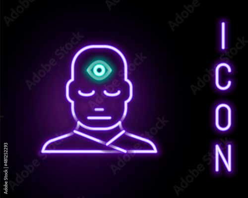 Glowing neon line Man with third eye icon isolated on black background. The concept of meditation, vision of energy, aura. Colorful outline concept. Vector © vector_v