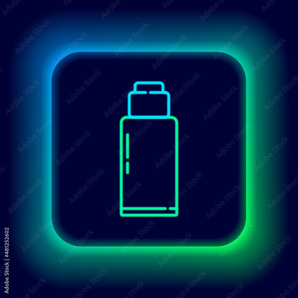 Glowing neon line Canteen water bottle icon isolated on black background. Tourist flask icon. Jar of water use in the campaign. Colorful outline concept. Vector Glowing neon line Canteen water bottle icon isolated on black background. Tourist flask icon. Jar of water use in the campaign. Colorful outline concept. Vector