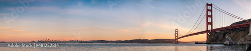 A panoramic view of San Francisco skyline at dusk, with colorful clouds and the bay