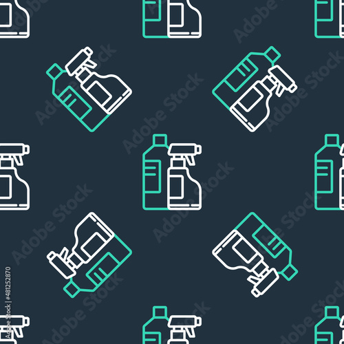 Line Plastic bottles for laundry detergent, bleach, dishwashing liquid or another cleaning agent icon isolated seamless pattern on black background. Vector