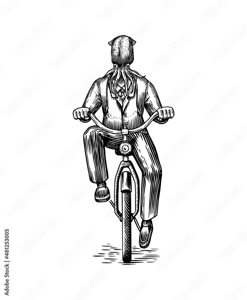 Obraz premium Squid man in a suit rides a bicycle. Octopus or Mollusca. Fashion animal character. Hand drawn woodcut outline sketch. Vector engraved illustration for logo and tattoo or T-shirts.