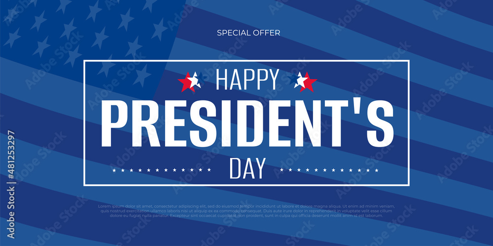 Happy Presidents Day greeting card, sale flyer, banner, poster with american flag. President's day holiday in USA.  Patriotic calligraphy on blue background. Vector illustration