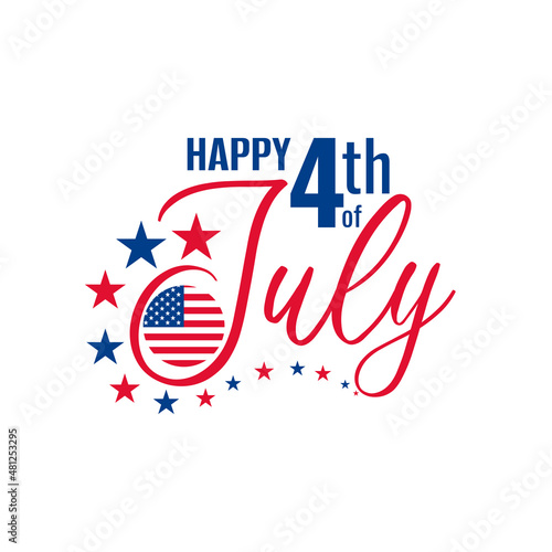 Happy Fourth july holiday in USA. American Independence Day greeting card, banner, poster with United States round flag and stars. Patriotic text on white background. Vector illustration