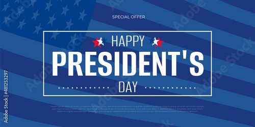 Happy Presidents Day greeting card, sale flyer, banner, poster with american flag. President's day holiday in USA.  Patriotic calligraphy on blue background. Vector illustration