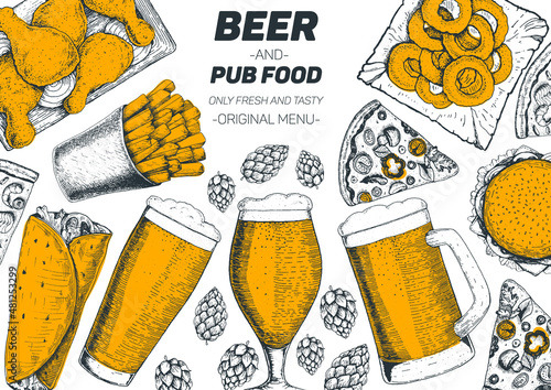Pub food frame vector illustration. Beer, meat, french fries, fast food and snacks hand drawn. Food set for pub design top view. Vintage engraved illustration for beer restaurant.