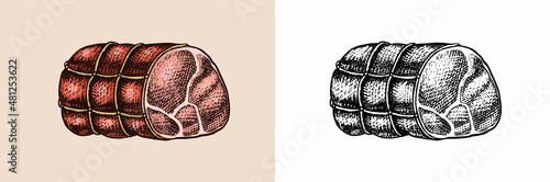 Grilled meat, Pork or beef meatloaf. Food in vintage style. Template for restaurant menu, emblems or badges. Hand drawn sketch.