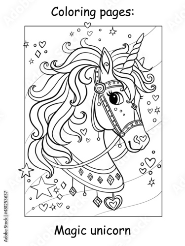 Coloring book page cute head of unicorn with bridle