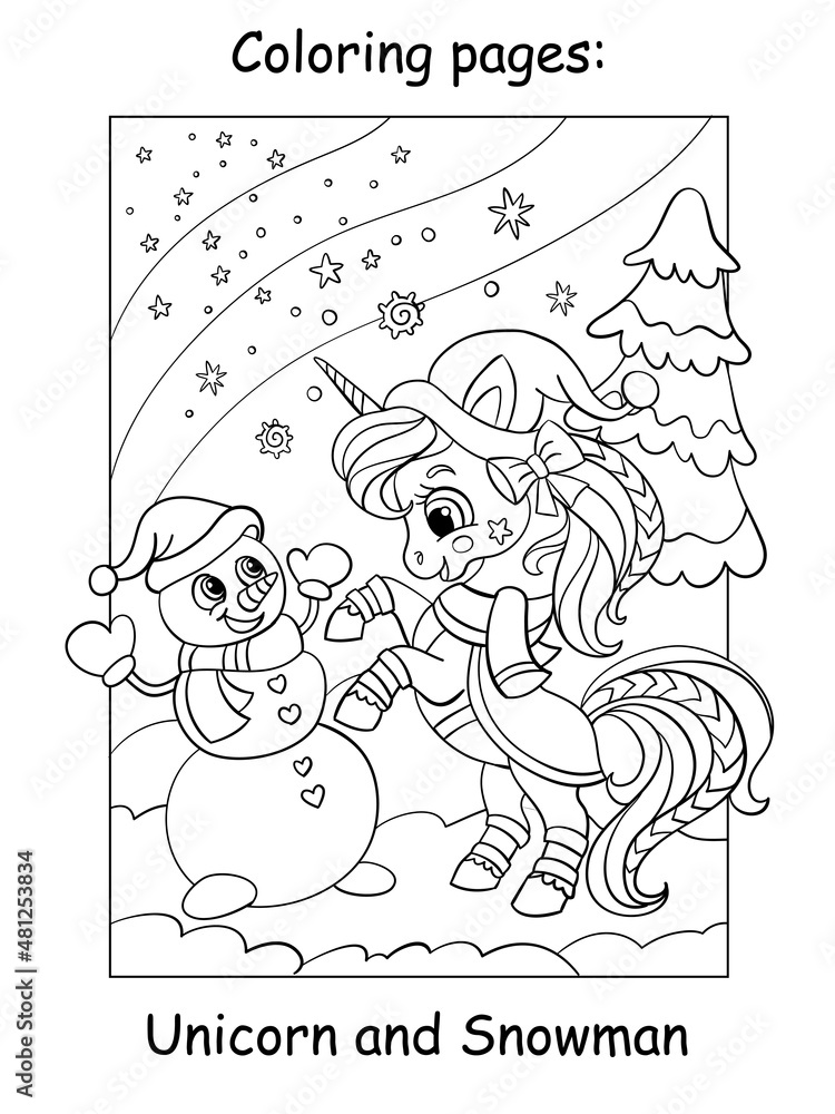 Coloring book page cute unicorn with a snowman Stock Vector | Adobe Stock