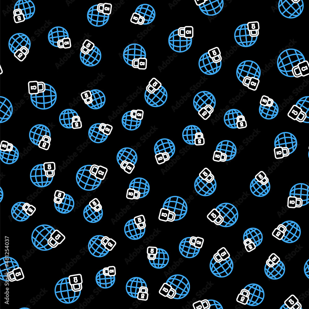Line Global lockdown - locked globe icon isolated seamless pattern on black background. Vector Line Global lockdown - locked globe icon isolated seamless pattern on black background. Vector