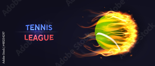 Tennis League concept. Colorful horizontal banner with inscription and small green flame ball with white seams. Design element for advertising championships. Cartoon flat vector illustration