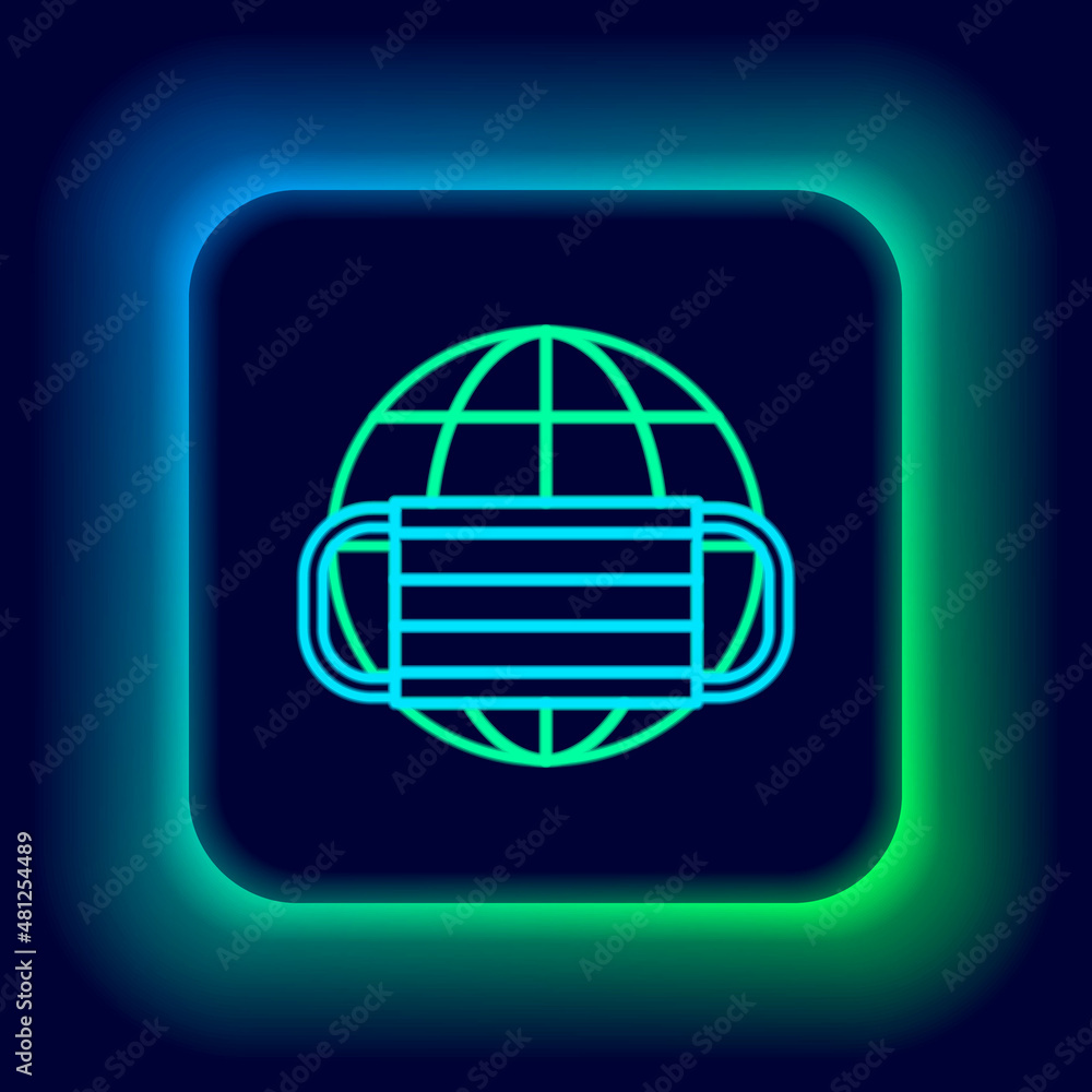Glowing neon line Earth globe with medical mask icon isolated on black background. Colorful outline concept. Vector Glowing neon line Earth globe with medical mask icon isolated on black background. Colorful outline concept. Vector
