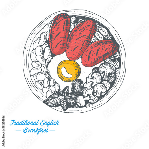 Traditional breakfast top view vector illustration. English breakfast with fried eggs, beans and mushrooms.