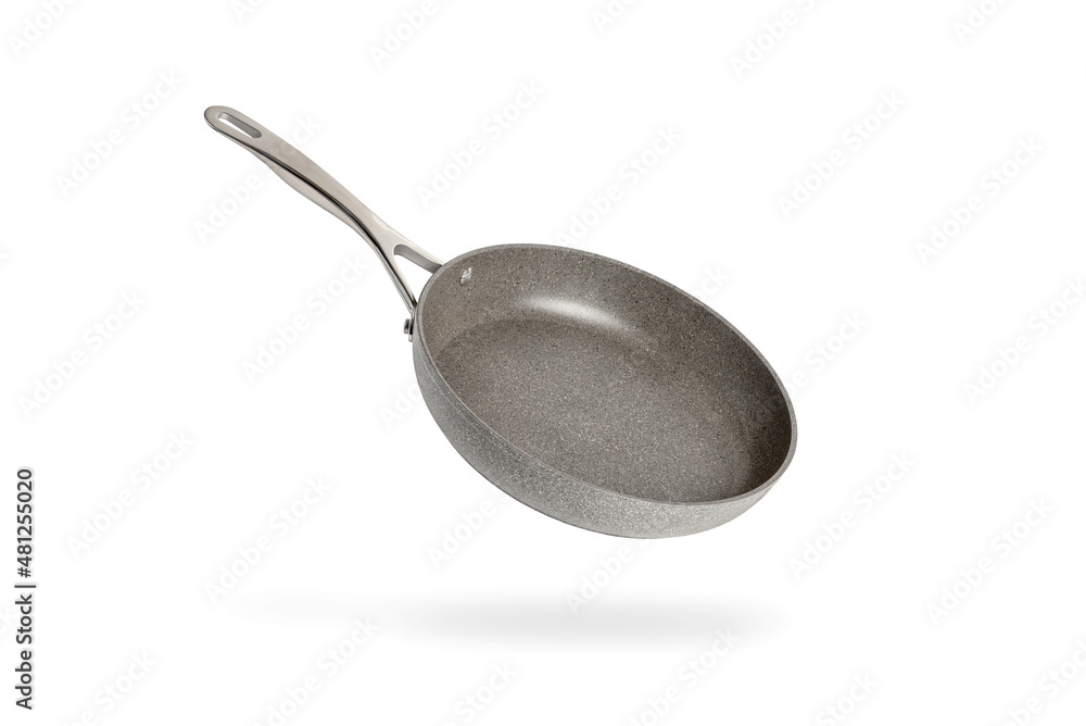 Black frying pan isolated on white background. Frying pan with non-stick coating.Non-stick frying pan made of titanium and granite. Isolate with shadow - obrazy, fototapety, plakaty 