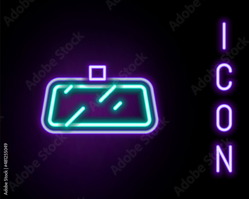 Glowing neon line Car mirror icon isolated on black background. Colorful outline concept. Vector