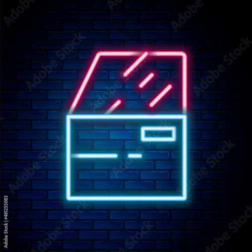 Glowing neon line Car door icon isolated on brick wall background. Colorful outline concept. Vector