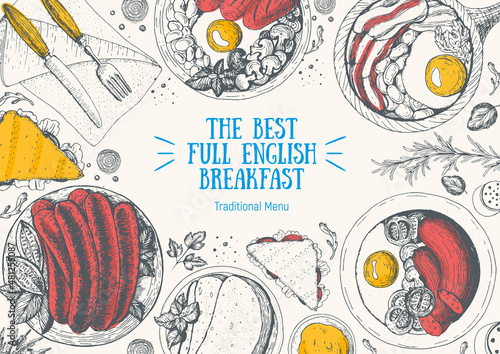 English breakfast top view frame. English food menu design. Vintage hand drawn sketch vector illustration