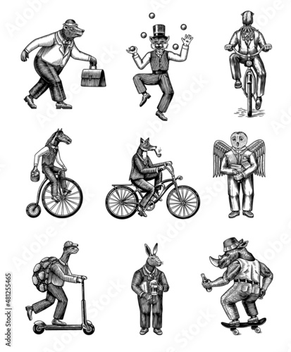 Fox on a bicycle, Cat juggler, turtle on a scooter. Bear, horse, hare, Owl, Squid. Fashion Animal characters set. Hand drawn sketch. Vector engraved illustration for label, logo and T-shirts.