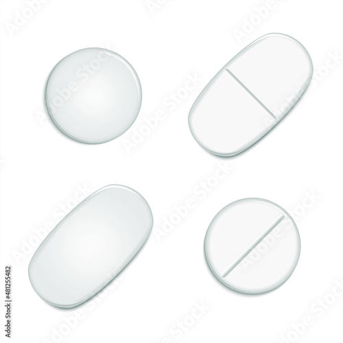 Collection of oval, round and capsule shaped tablets. Vector Illustration of medicine and medicines. Medicine drug and pill modern 3d Realistic.