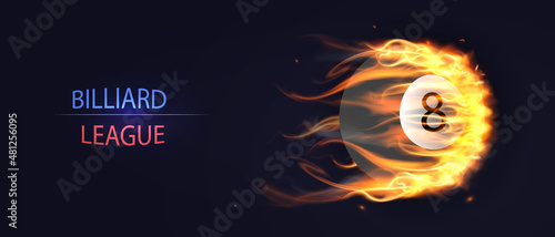 Billiard League concept. Colorful poster with flying black billiard ball with number 8 and inscription. Banner template for sports competitions and events. Cartoon realistic vector illustration